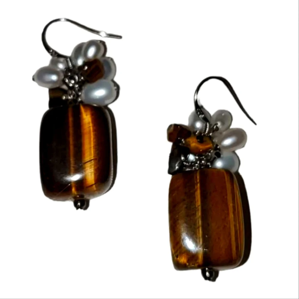 Tiger Eye Earrings Brown & Gold With White Pearl Clusters 1